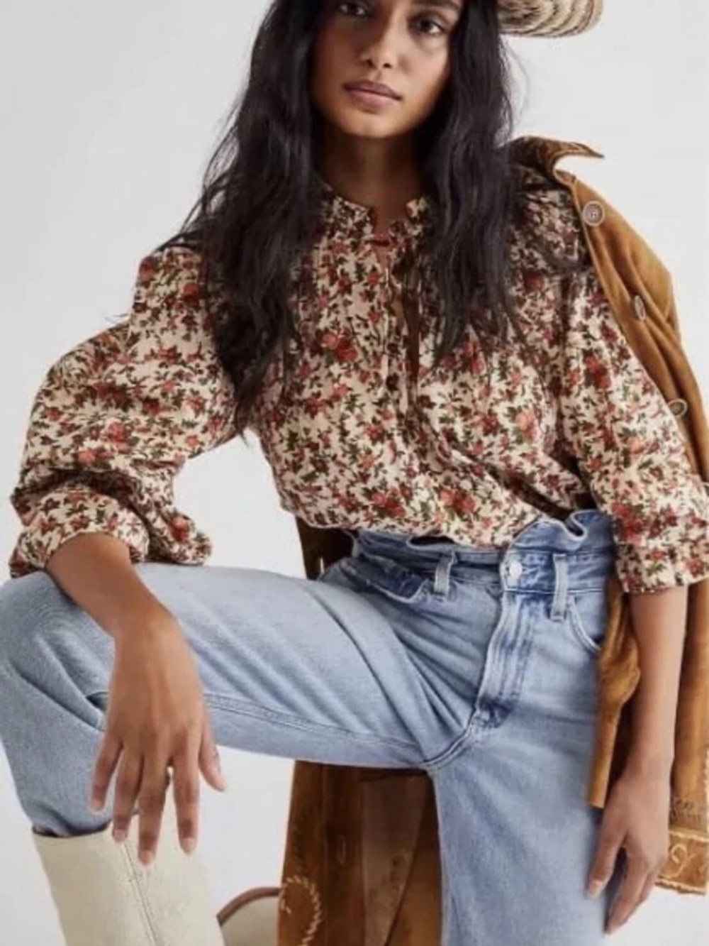 Free People Meant to Be floral smocked mutton sleeve ruffle cotton blouse